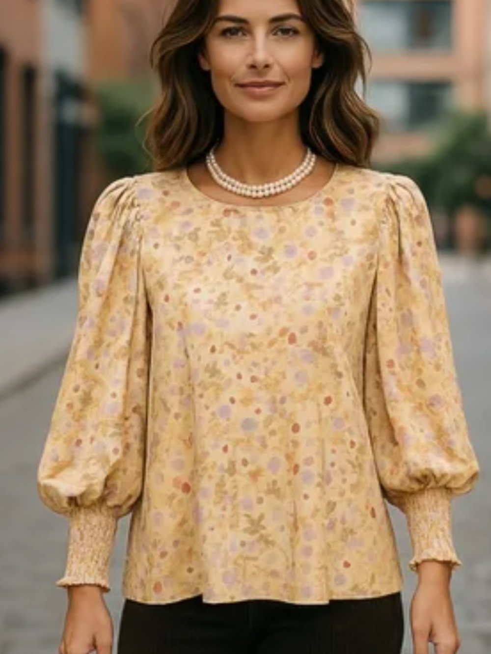 Pleione Yellow Floral Puff-Sleeve Blouse S